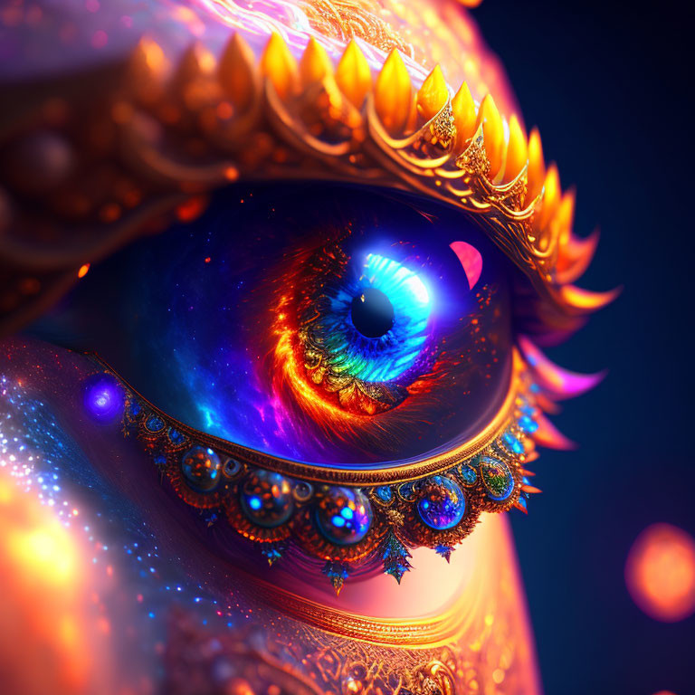 Close-up of ornately adorned eye with cosmic, galaxy-like iris.