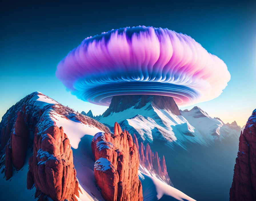 Surreal image: mushroom cloud over snow-capped mountains