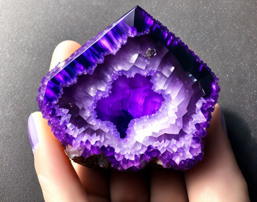 Vibrant purple geode with sharp crystal formations and amethyst cavity.