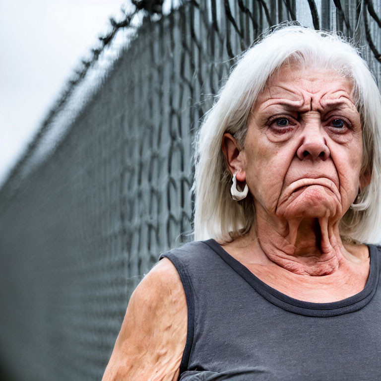 Elderly woman in gray sleeveless top by a fence