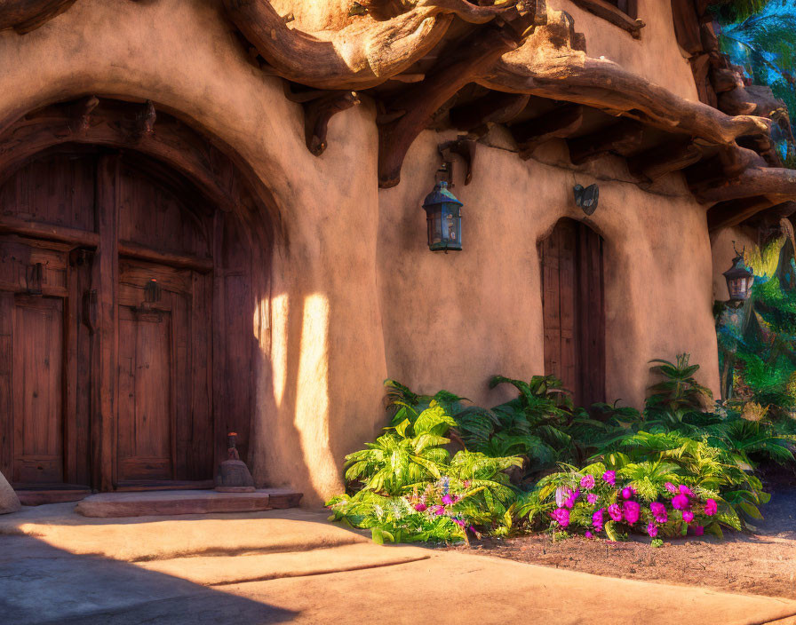 Rustic building with wooden doors, lanterns, and vibrant flowers under warm sunlight