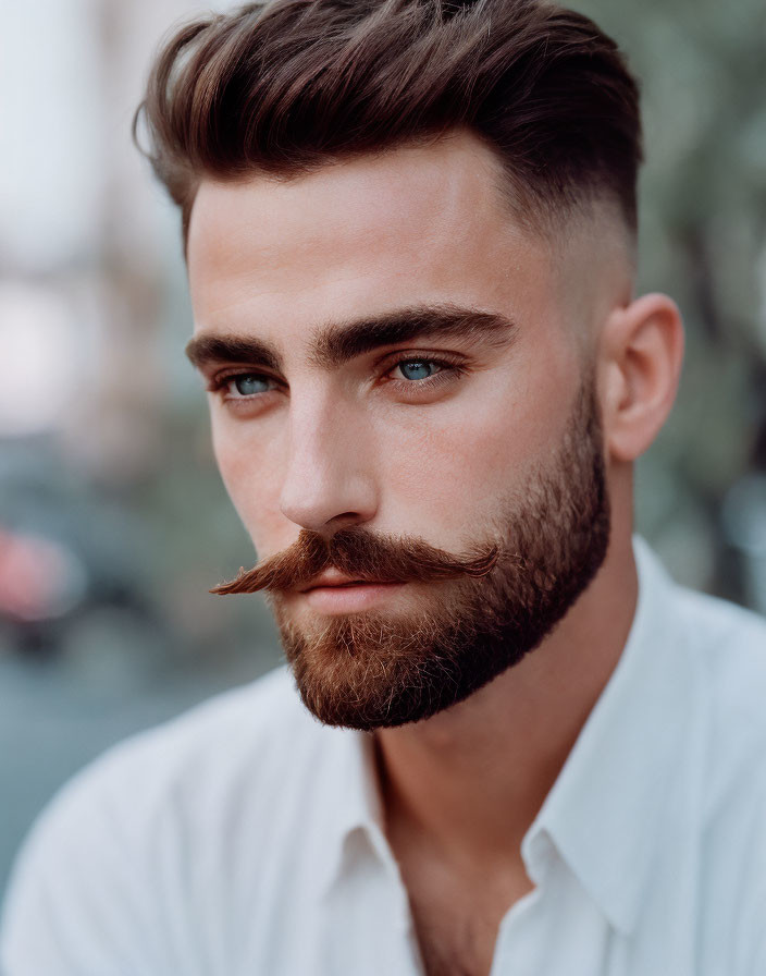 Man with Styled Hair, Full Beard, Mustache, White Shirt, Blue Eyes in Urban Background