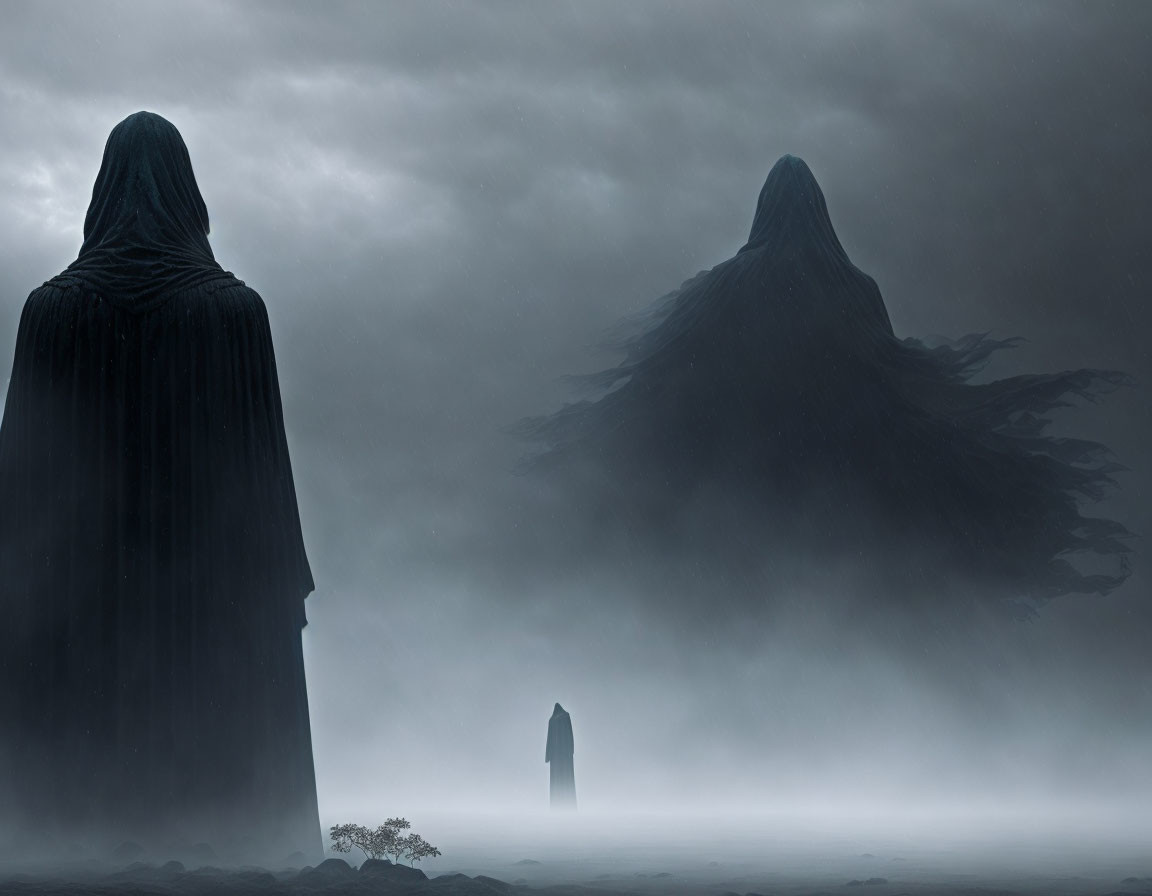 Hooded figures in misty landscape with looming mountains