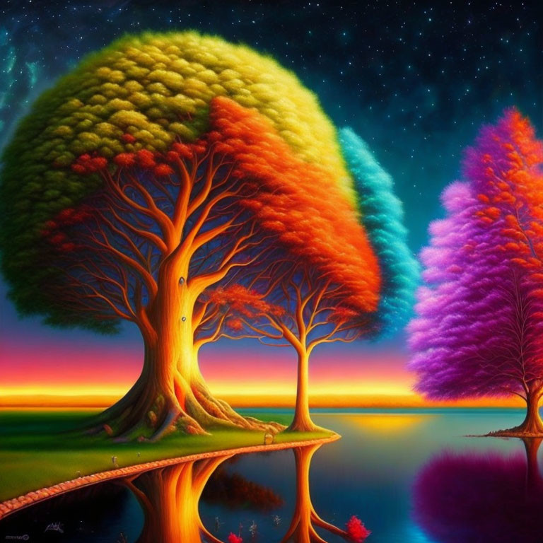 Colorful Trees Painting: Starry Sky & Serene Water Reflection