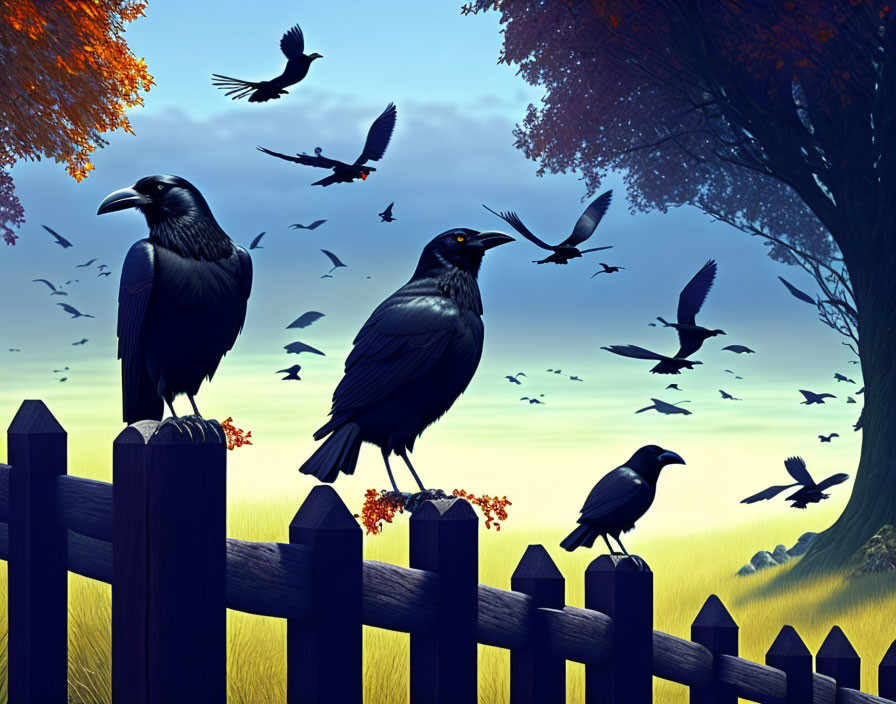 Three crows on wooden fence with flying birds in twilight sky