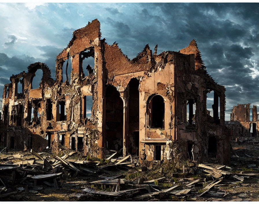 Brick building ruins with arches and windows under dramatic cloudy sky