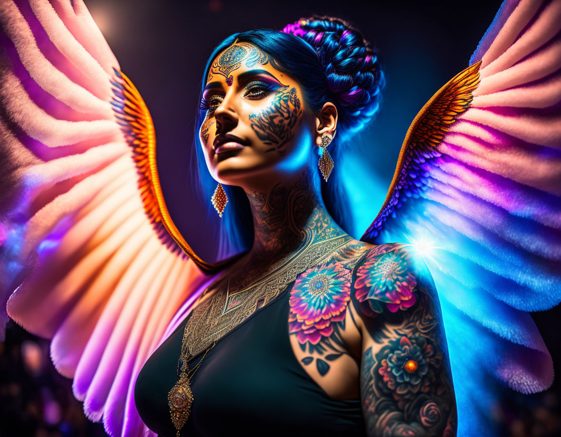 Colorful portrait of a woman with vibrant tattoos and multicolored wings on dark background