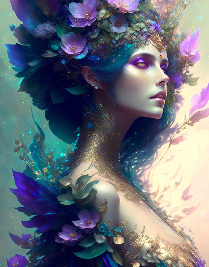 Fantasy illustration of woman with blue hair and skin in golden patterns among lush foliage