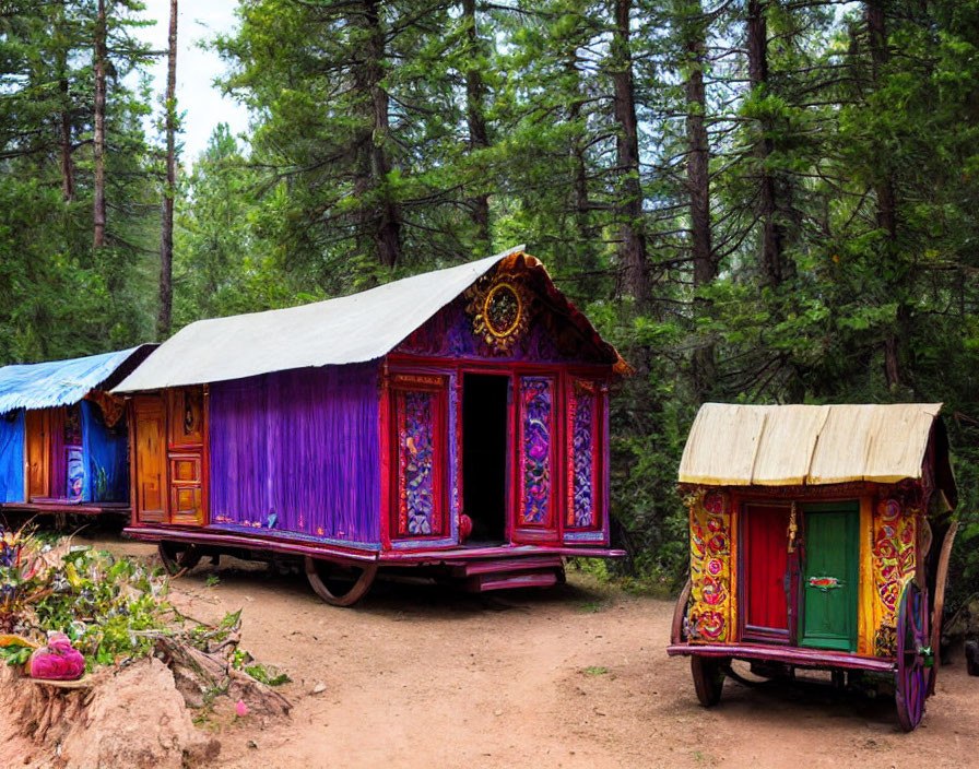 Colorful Gypsy Caravans in Forest Clearing