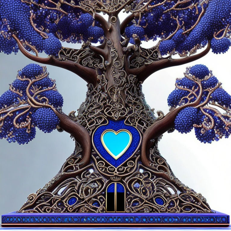 Fantastical tree with intricate brown branches and vibrant blue leaves