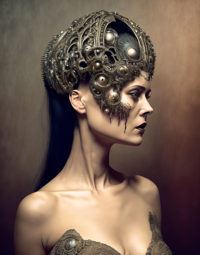 Elaborate Metallic Headpiece and Ornate Shoulder Adornment Portrait