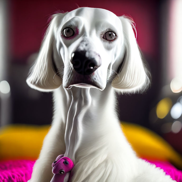 White Dog with Pale Eyes in Whimsical Pose Against Pink Background