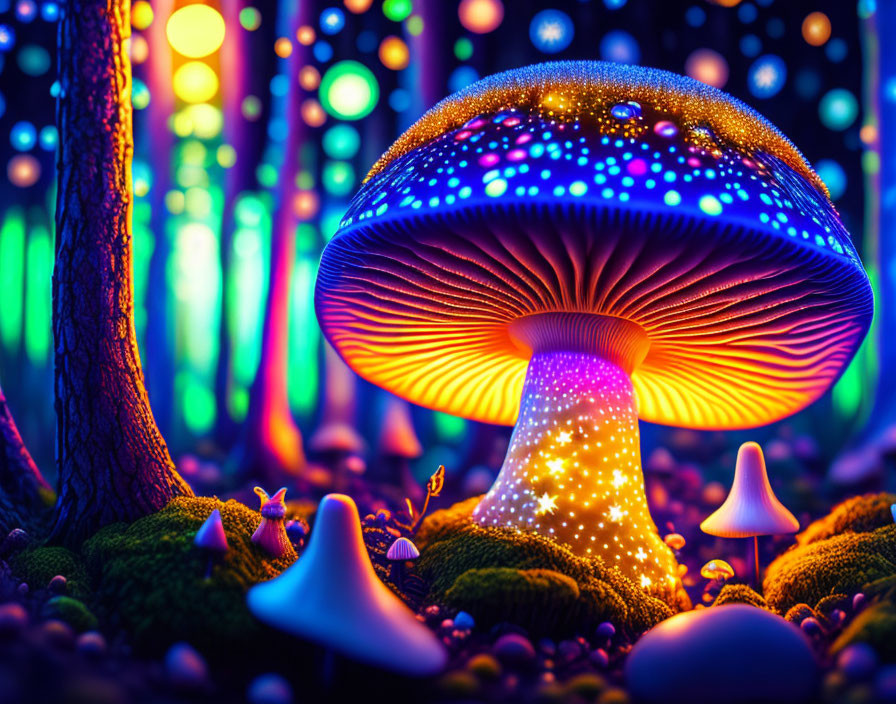 Vibrant digital art featuring oversized glowing mushroom in fantastical forest