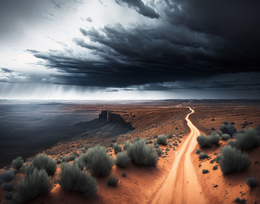 Desert landscape with dirt road, storm clouds, and sunlight.