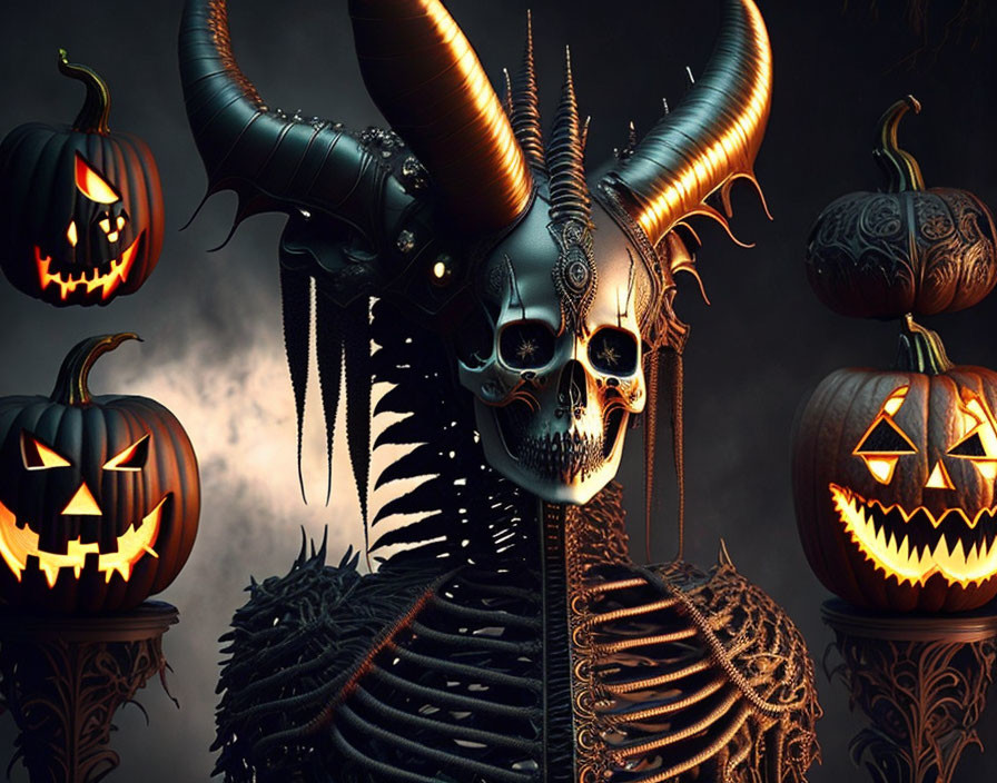 Spooky skeletal figure with large horns among glowing jack-o'-lanterns