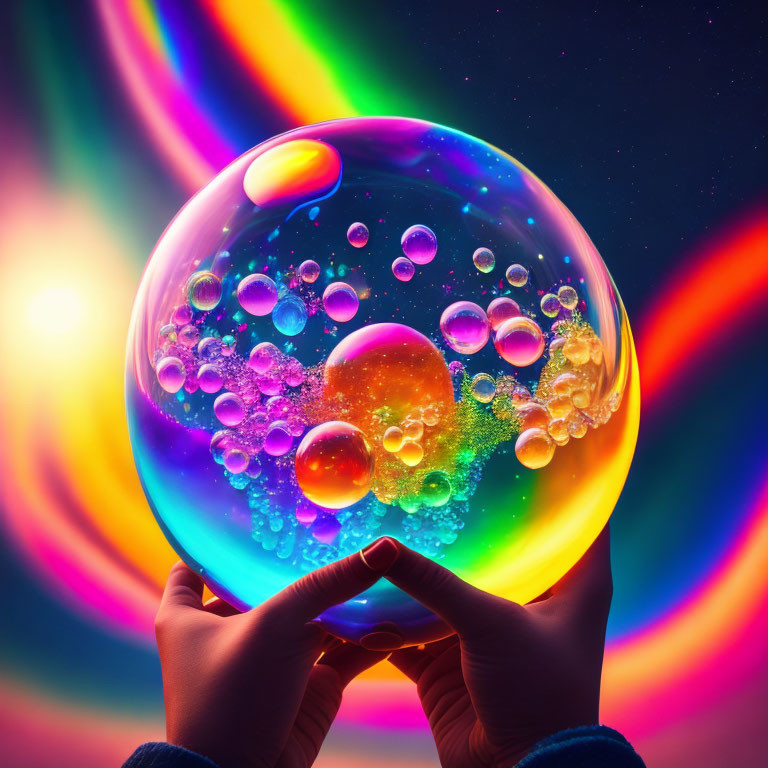 Iridescent soap bubble held in hands with colorful swirls