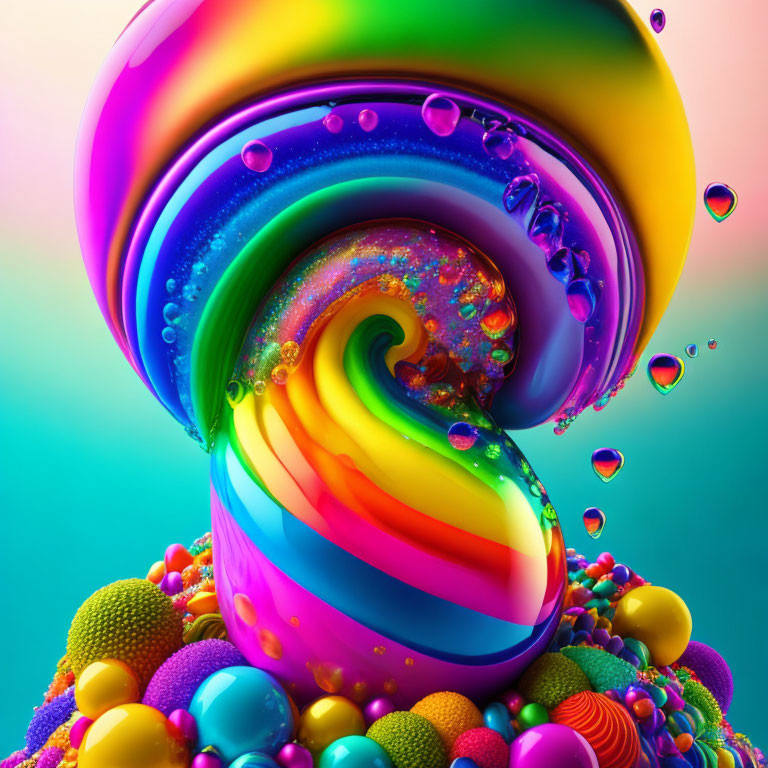 Colorful digital artwork with glossy rainbow swirls on gradient background