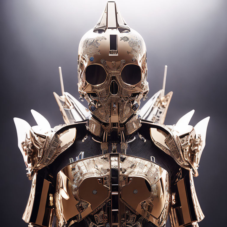 Golden and Black Robotic Armor with Skull-like Helmet on Gray Background