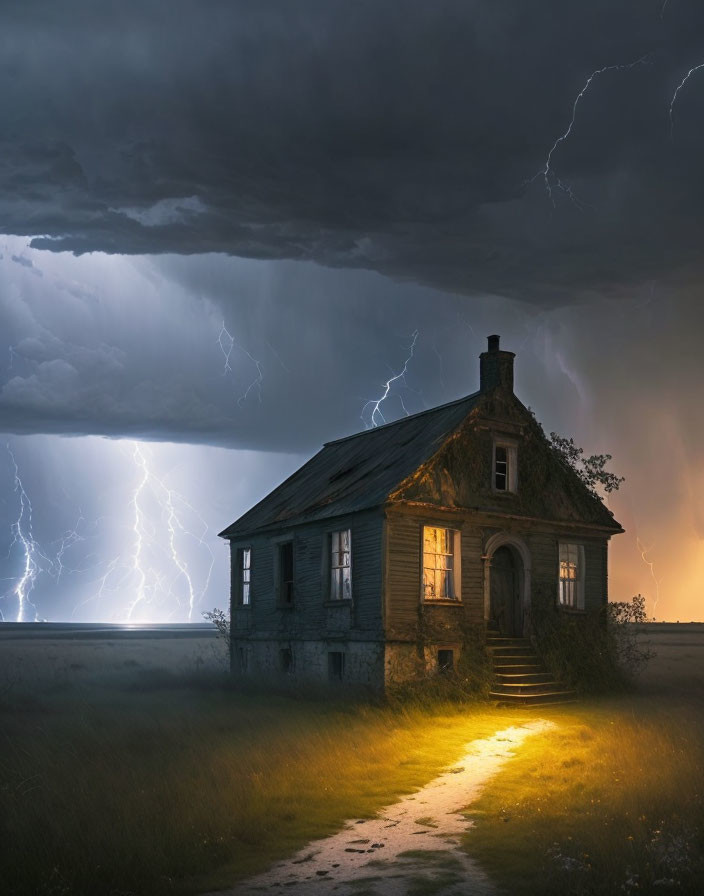 Abandoned house in storm with lightning and warm window light