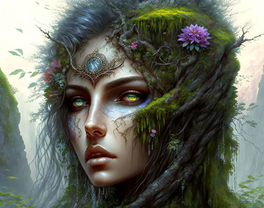 Ethereal woman with forest elements and mystical headpiece in nature-themed portrait