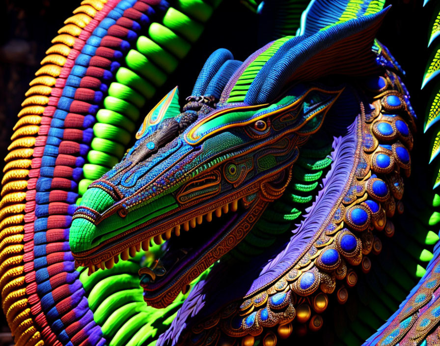 Vibrant Serpentine Dragon Artwork with Intricate Patterns