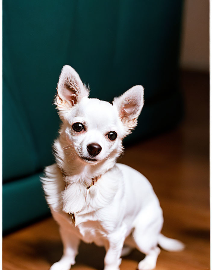 Small White Chihuahua with Large Ears and Bright Eyes on Teal Backdrop