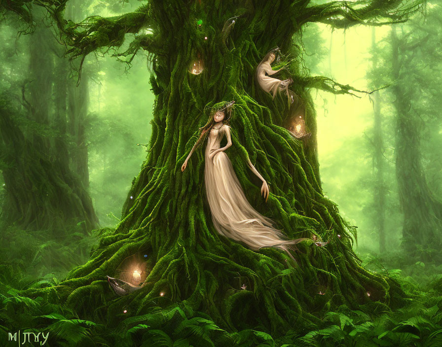 Woman blending into grand tree surrounded by glowing lights in lush green forest