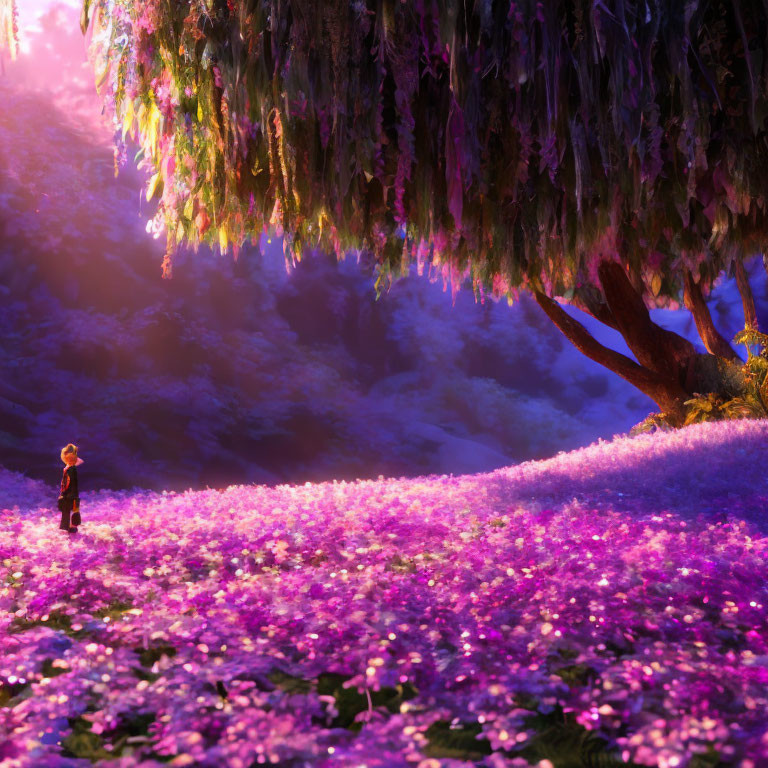 Vibrant purple meadow with lone figure under willow tree