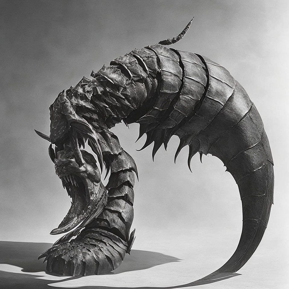 Monochrome photo of dynamic dragon sculpture with open mouth