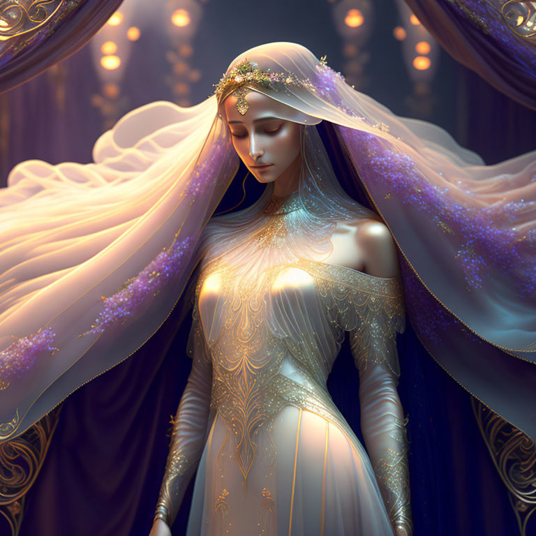 Regal figure with flowing hair and crown in ornate, candle-lit setting