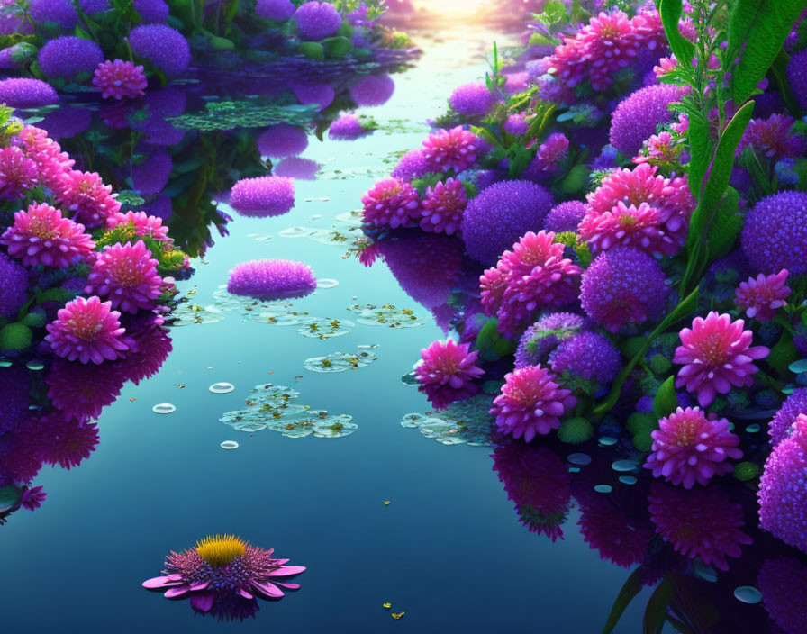 Fantastical scene of serene waterway and lush flowering plants