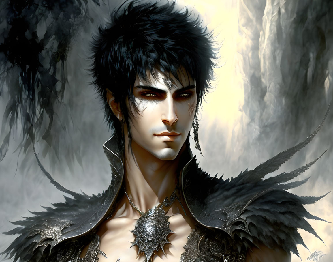 Male digital art portrait with dark hair, intense eyes, feathered attire, and a prominent amulet