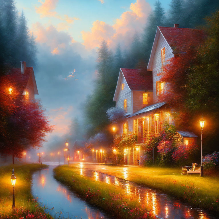 Tranquil street scene: illuminated houses by canal in twilight fog