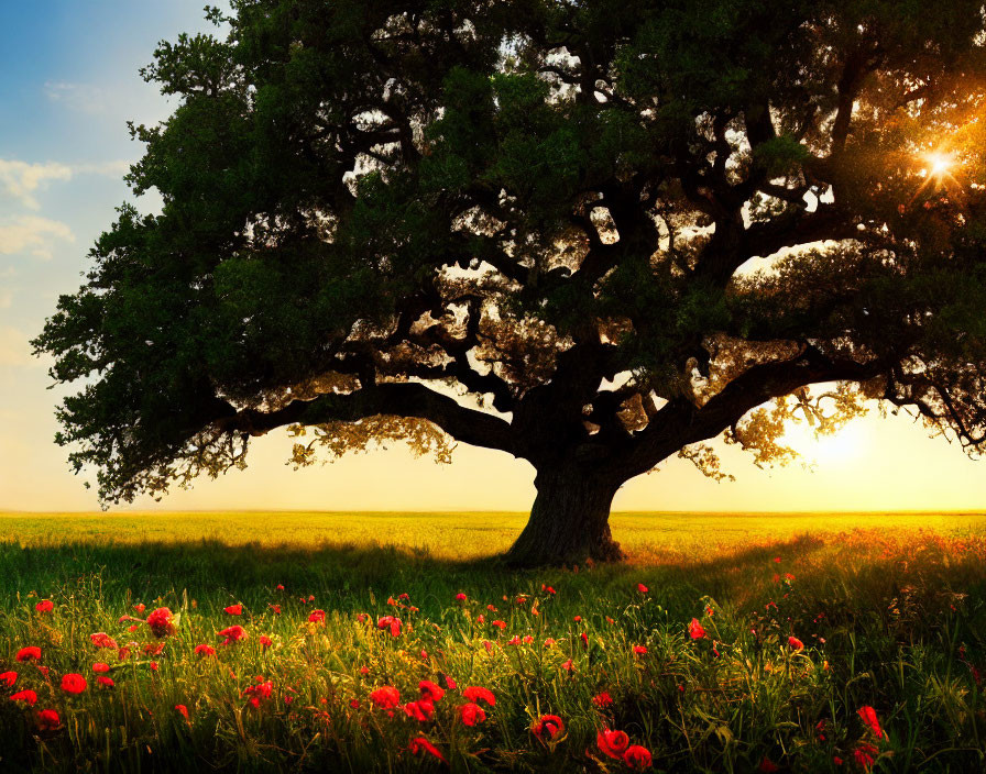 Majestic oak tree in field with red poppies at sunset