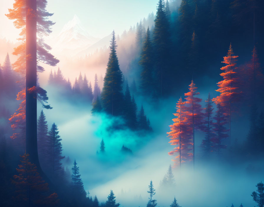 Mystical forest with fog, evergreen trees, and mountain peak in golden light