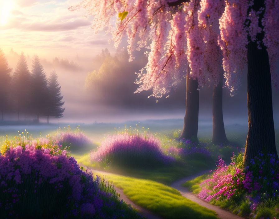 Tranquil Path with Green Grass, Purple Flowers, and Cherry Blossoms