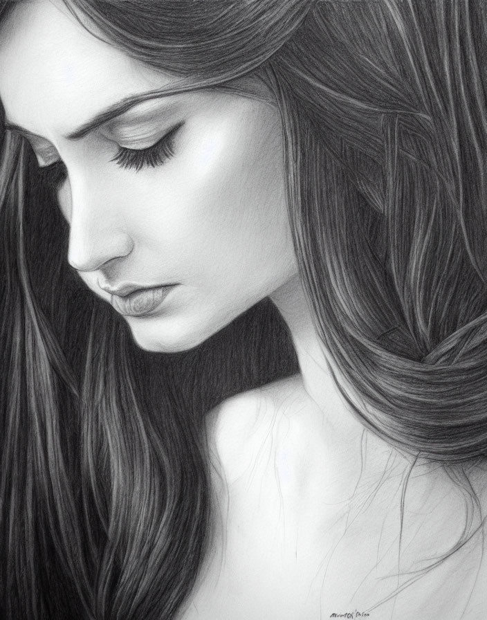 Detailed pencil sketch of woman with long hair looking down