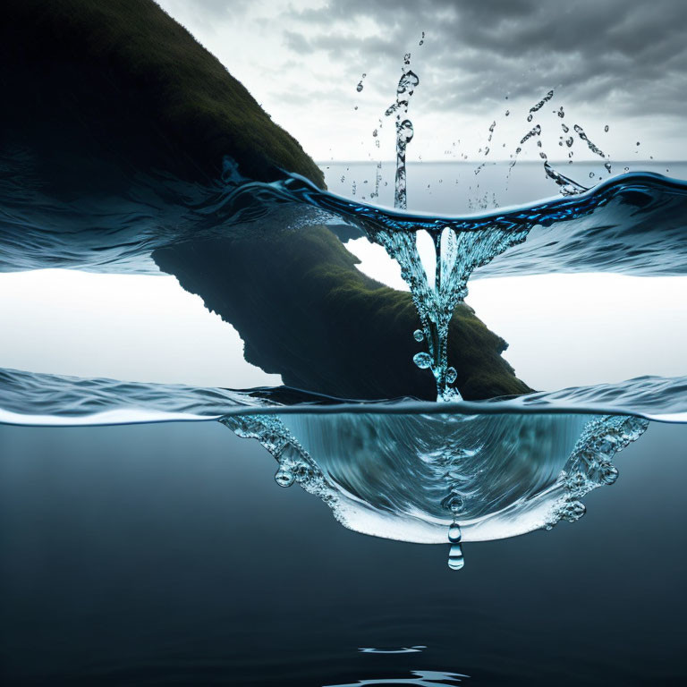 Surreal water splash mirroring sky and rock formation