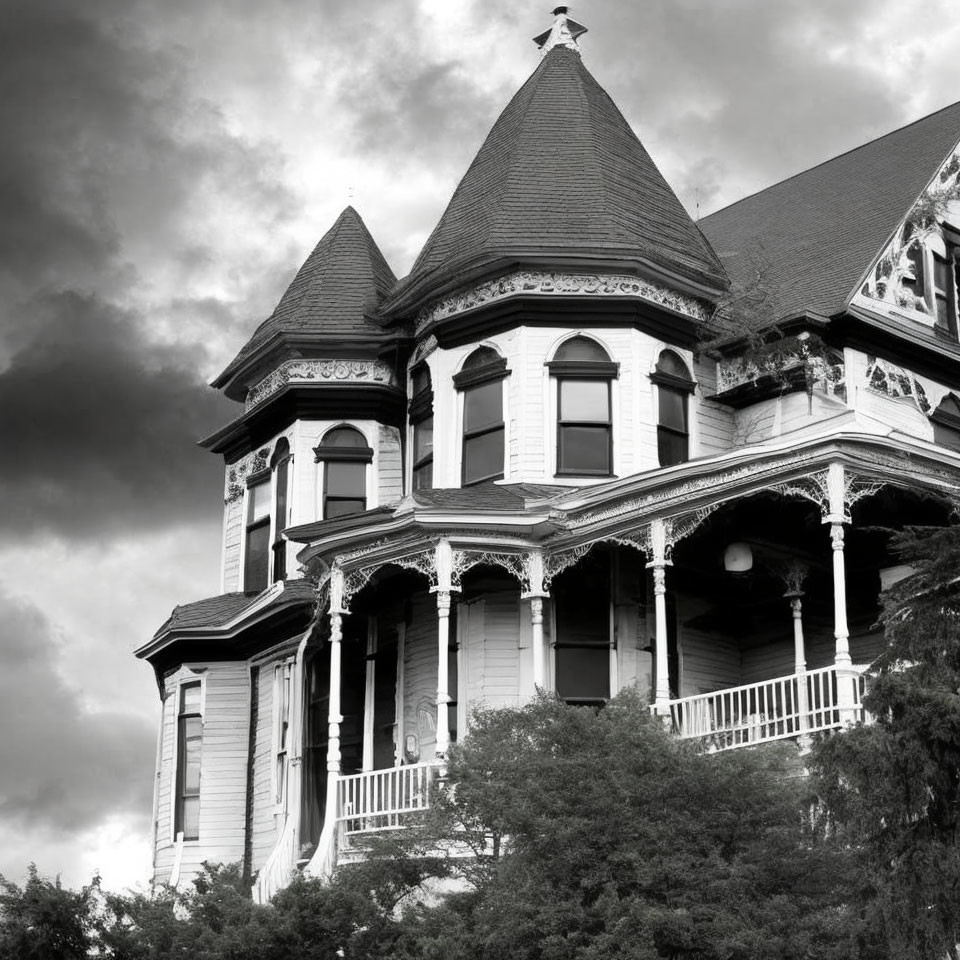 Victorian-style house with turret and ornate trim against cloudy sky