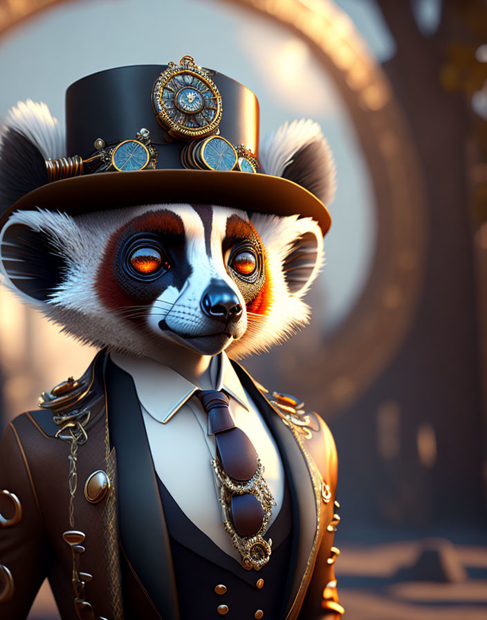 Steampunk-themed anthropomorphic lemur in decorative outfit against mechanical gear backdrop