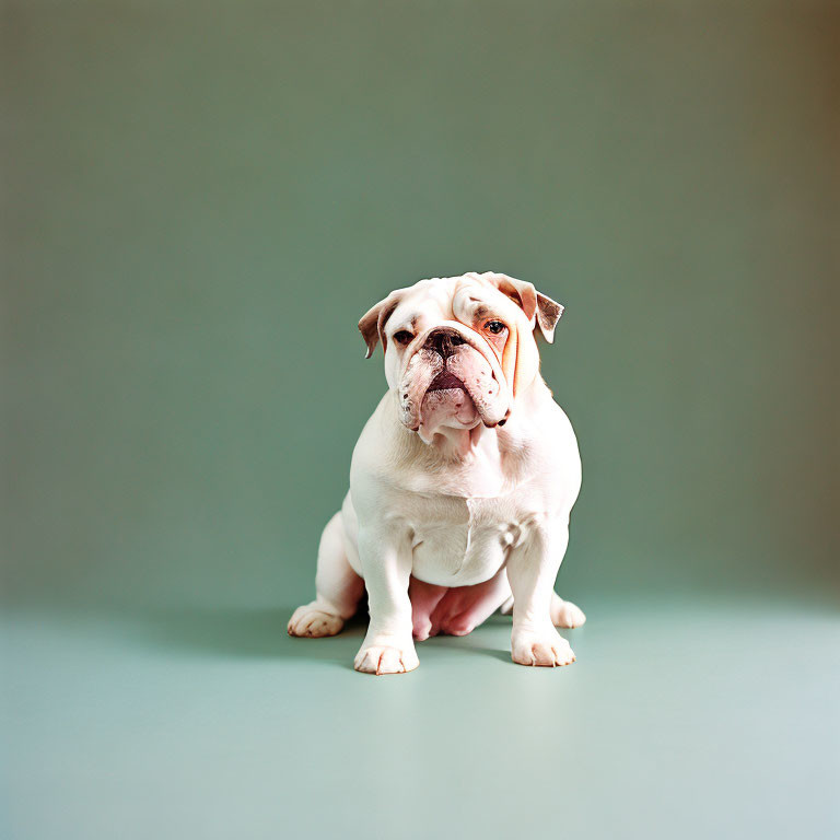 White Bulldog with Light Brown Patches on Green Background