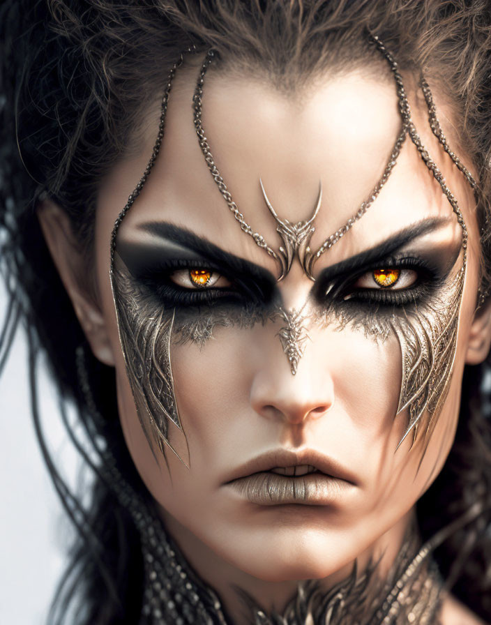 Intense orange eyes with elaborate silver fantasy makeup