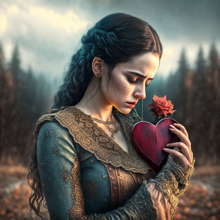 Woman with braided hair holding heart-shaped box and rose in whimsical forest setting