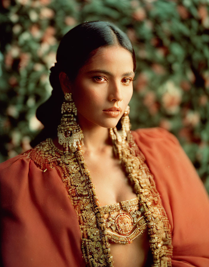 Elegant woman in saree with gold jewelry against leafy backdrop