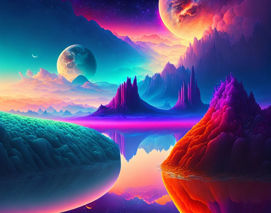 Colorful Alien-Like Landscape with Celestial Bodies and Reflective Water