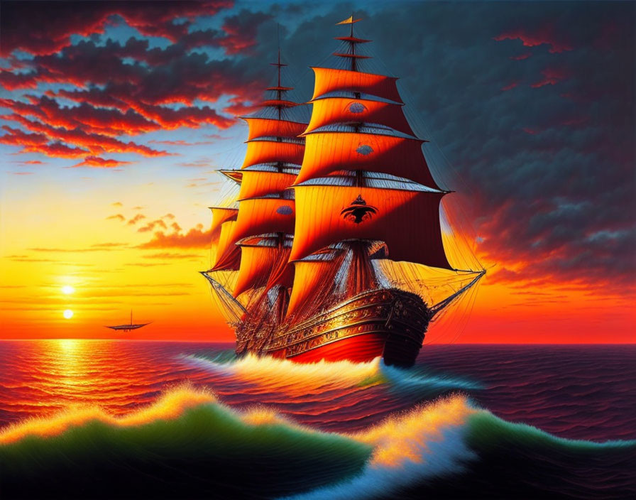 Majestic sailing ship with red sails on vibrant blue waves at sunset