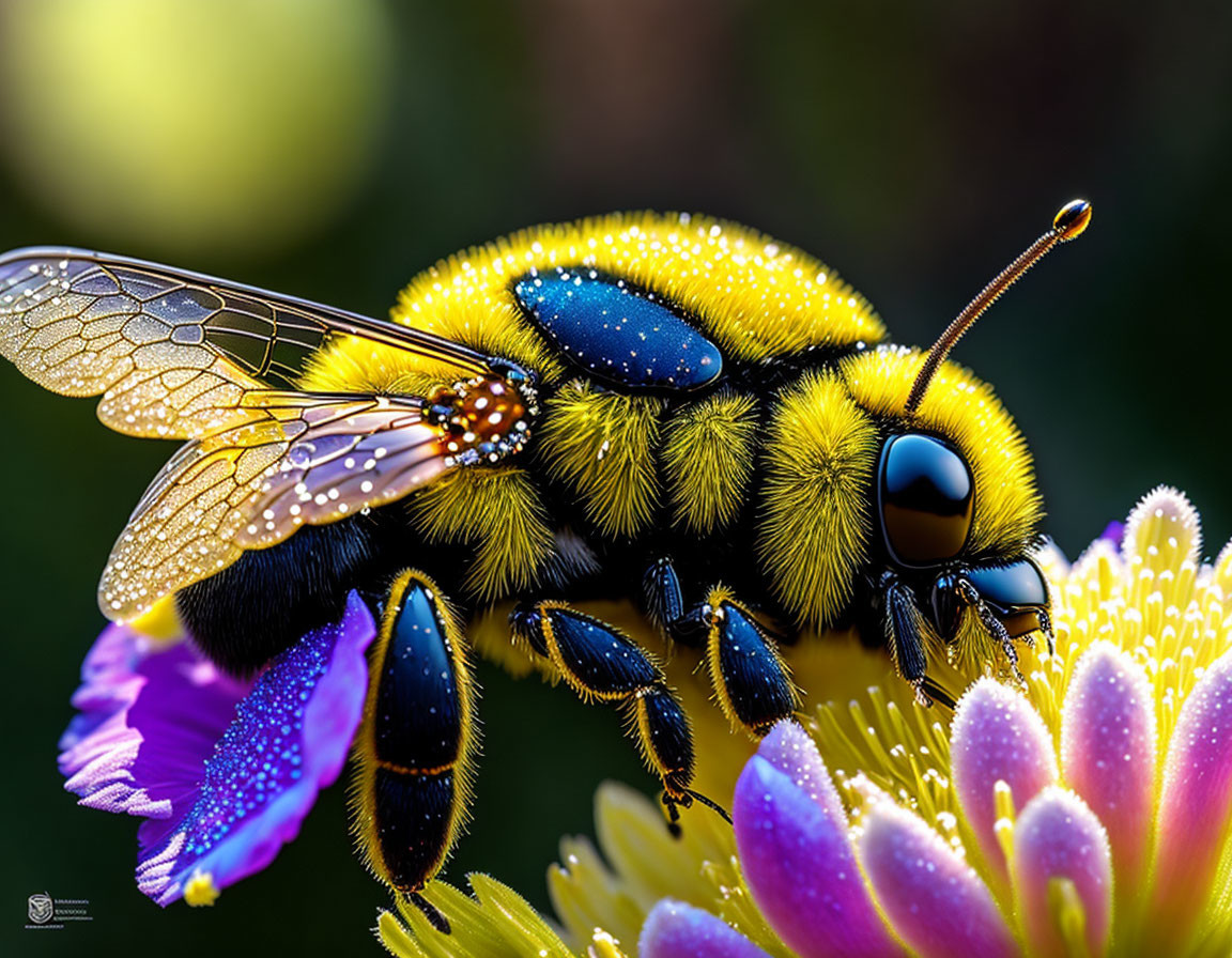 Vibrant bee on purple flower with dew droplets in sunlight