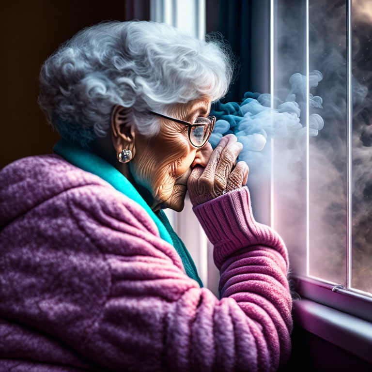 Elderly woman in pink cardigan gazes out window thoughtfully