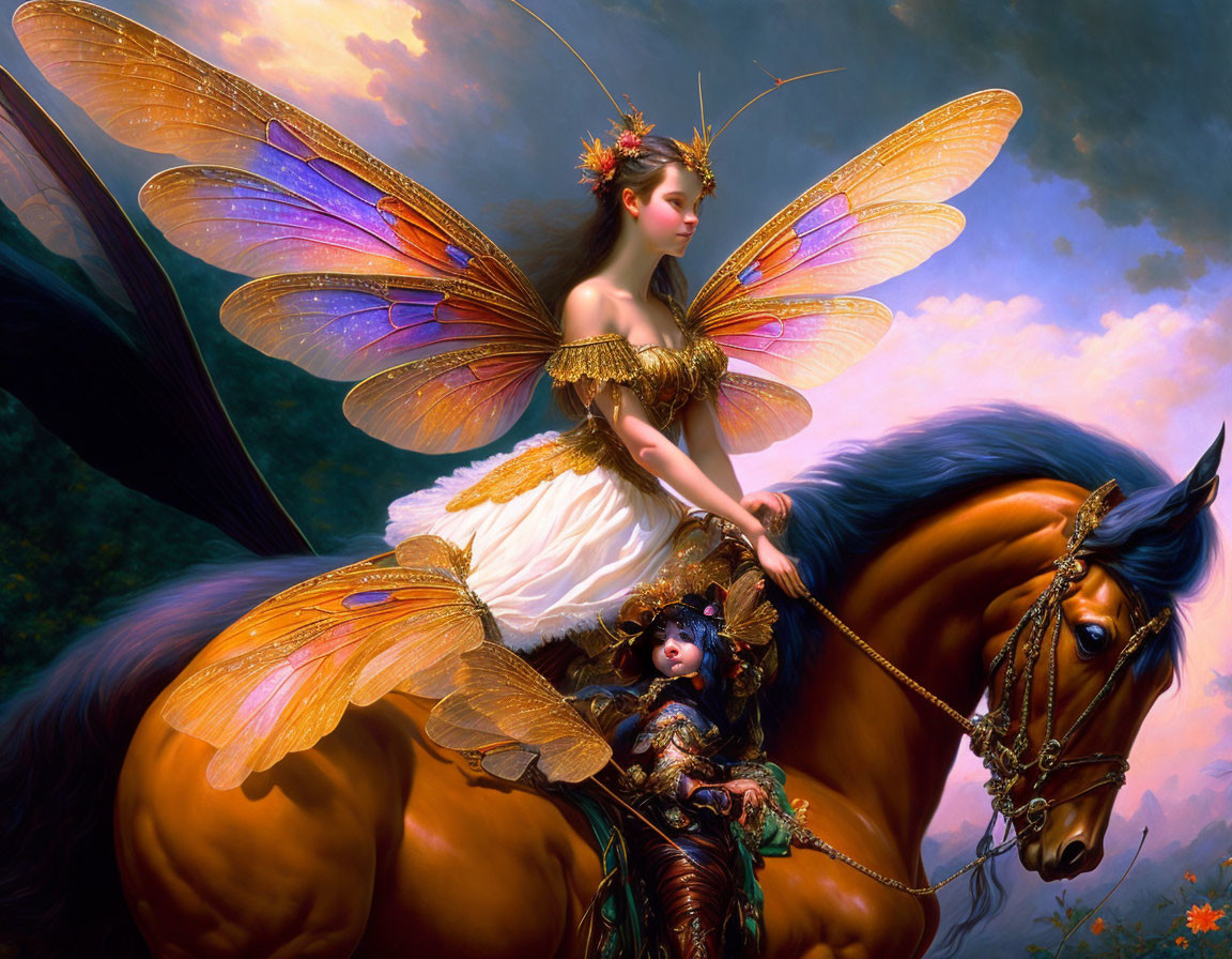 Winged fairy on horseback with armored figure