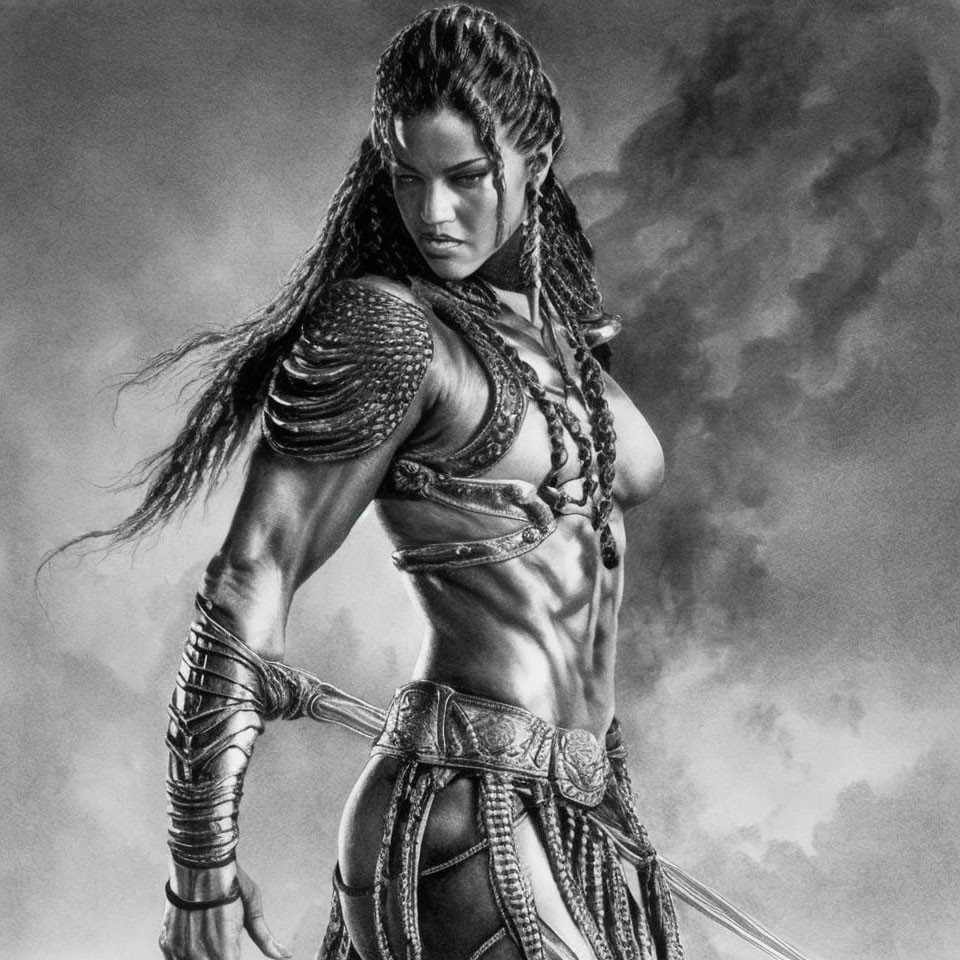 Monochrome warrior woman with sword and braided hair in stormy setting